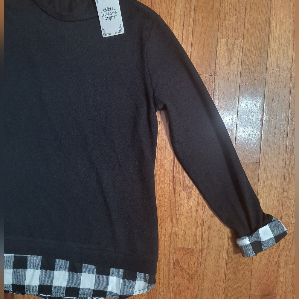 Pick 3/$10⭐ NWT La Mode Shirt W/Plaid Faux Shirttail, Women's XL, Black/White - Picture 6 of 14